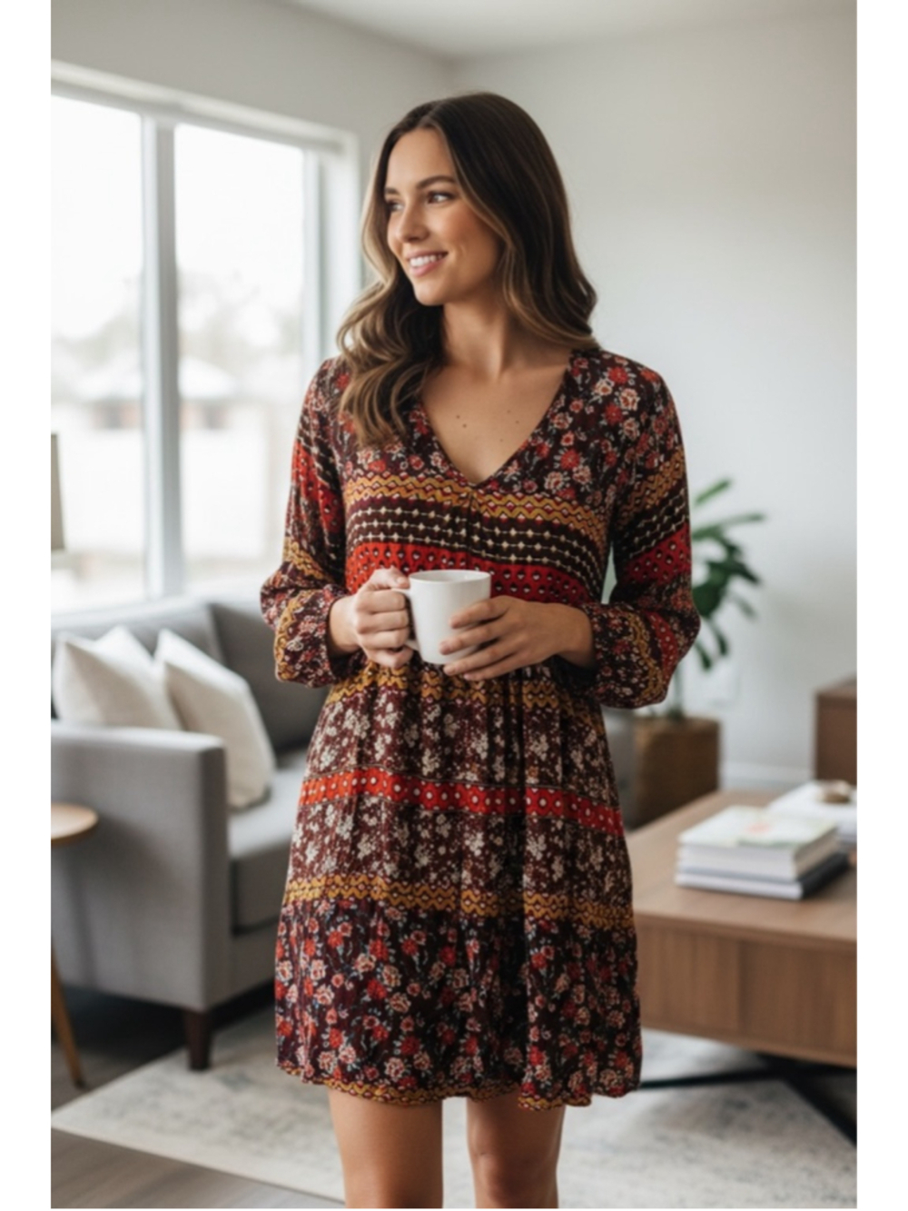 Ardene Boho Floral Peasant Top Burgundy Red Long Sleeve Flowy Blouse Size M